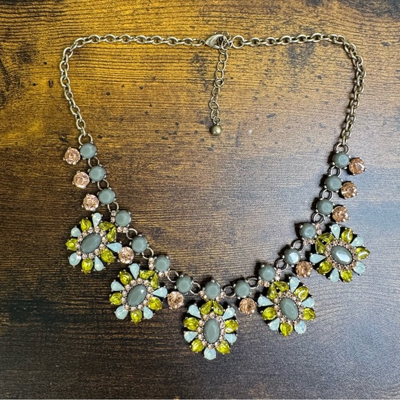 Crystal Bib Necklace Gold Grey Yellow and Opalite Statement Bold Chunky 21 Inch - Picture 2 of 10